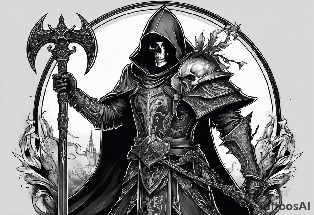 warlock holding a scythe with a skeletal knight tattoo idea