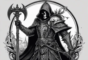 warlock holding a scythe with a skeletal knight tattoo idea