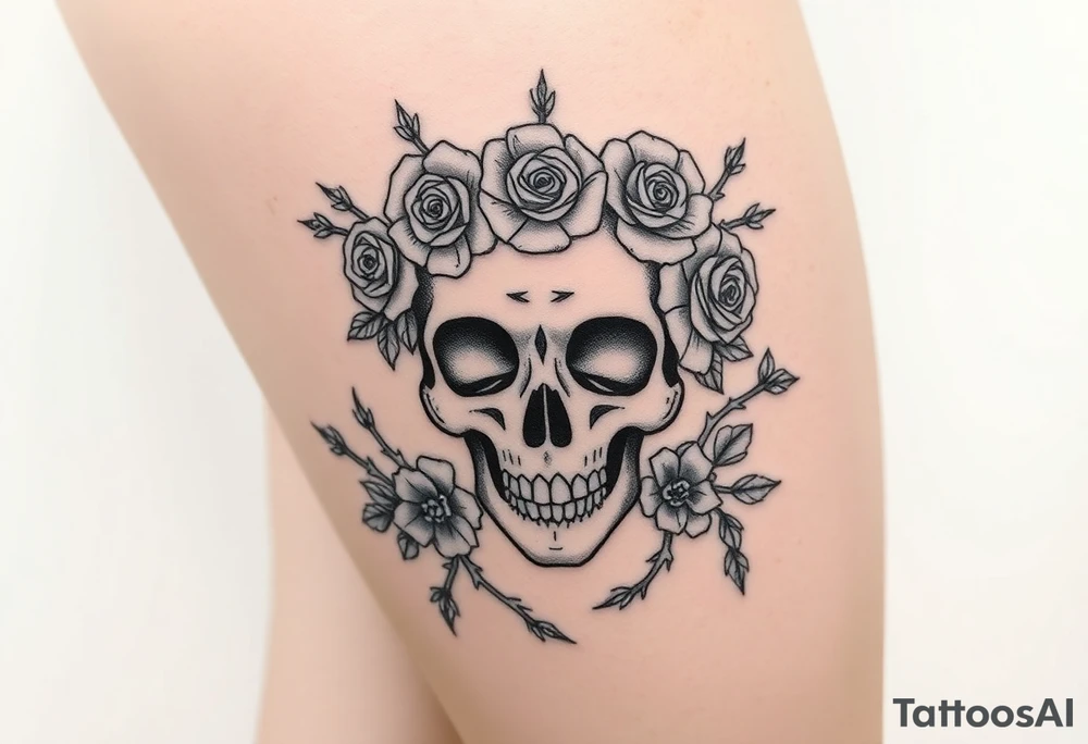 ornate skull adorned with crown of wild roses and thorns tattoo idea