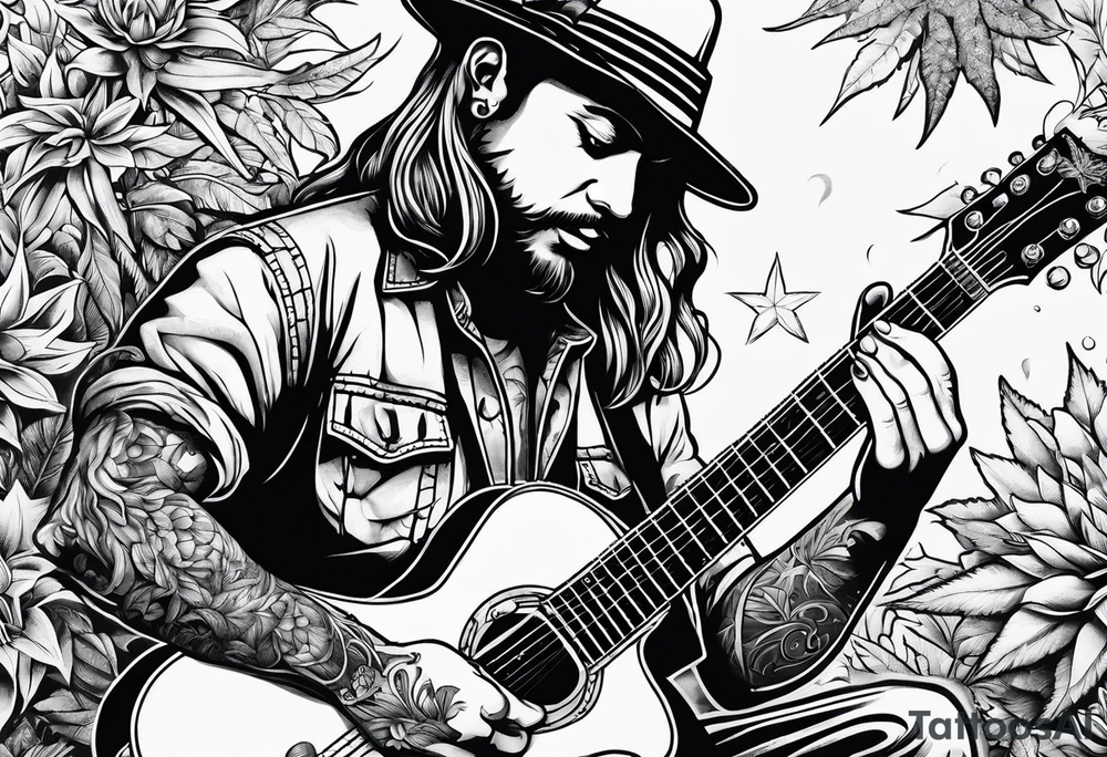 smoking weed, book, playing guitar tattoo idea