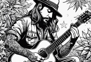 smoking weed, book, playing guitar tattoo idea