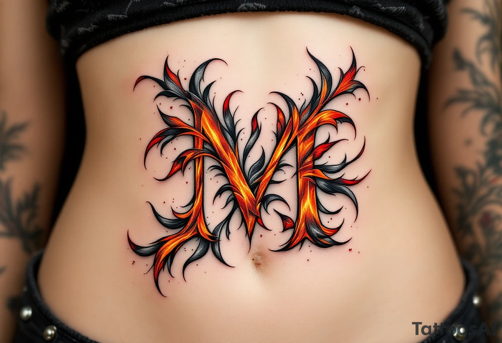 A fiery "M" with flickering strokes of crimson red, orange, and ash gray. tattoo idea