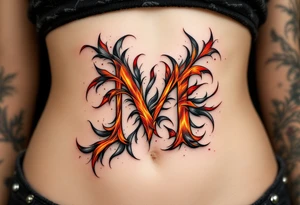 A fiery "M" with flickering strokes of crimson red, orange, and ash gray. tattoo idea