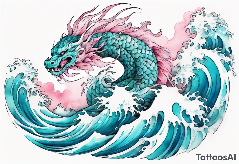 a beautiful turquoise pink and white Fafnir rising from the blue waves of the ocean tattoo idea