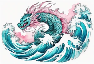 a beautiful turquoise pink and white Fafnir rising from the blue waves of the ocean tattoo idea