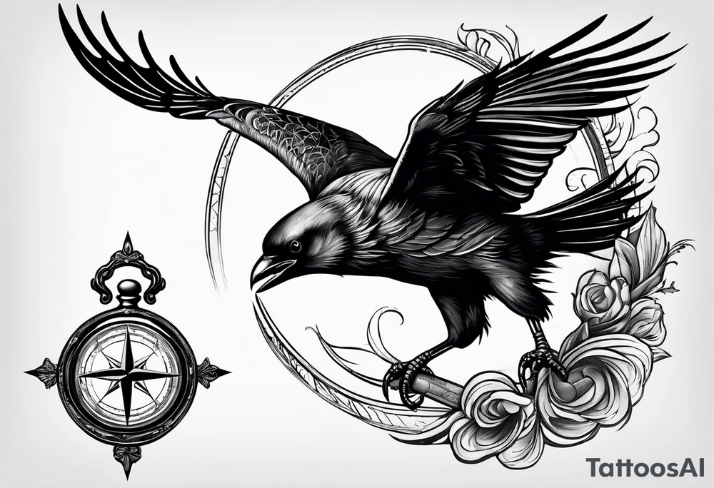 flying crow with compass tattoo idea