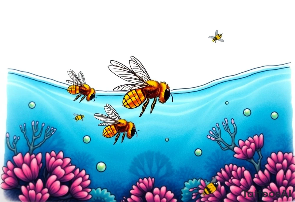 Coral reef scene with honey bees swimming tattoo idea