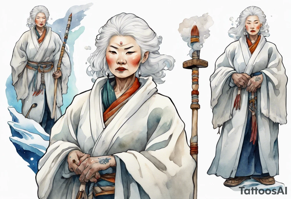 a 40 year old Sami woman with white hair and a white robe holding a white staff, standing on an iceberg tattoo idea