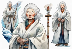 a 40 year old Sami woman with white hair and a white robe holding a white staff, standing on an iceberg tattoo idea