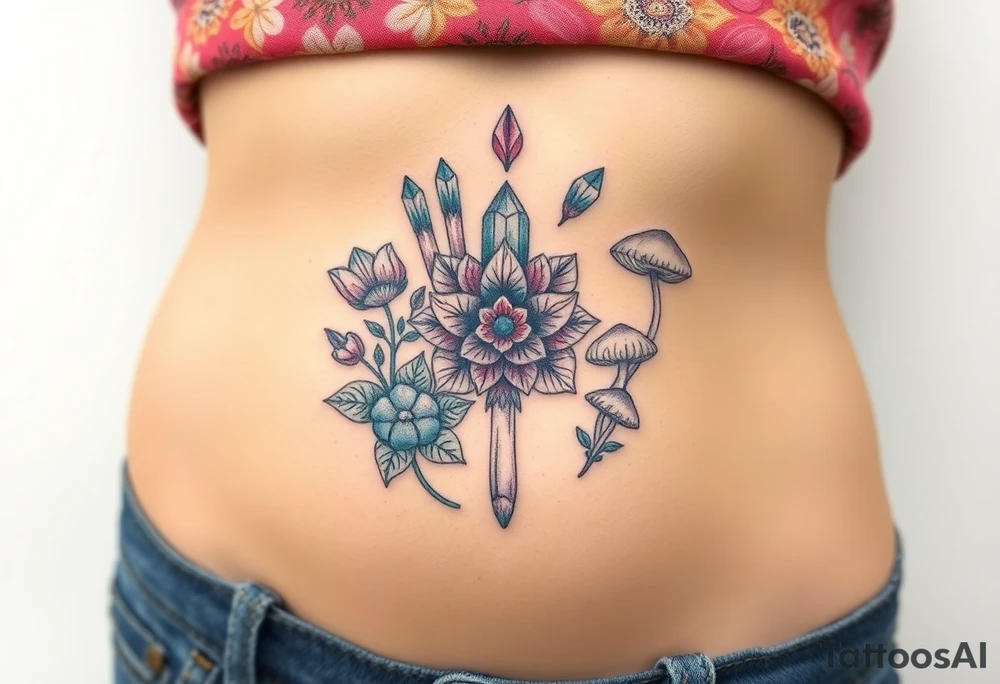 psychedelic  tattoo with crystals and  mandala style flowers and mushrooms like the second picture tattoo idea