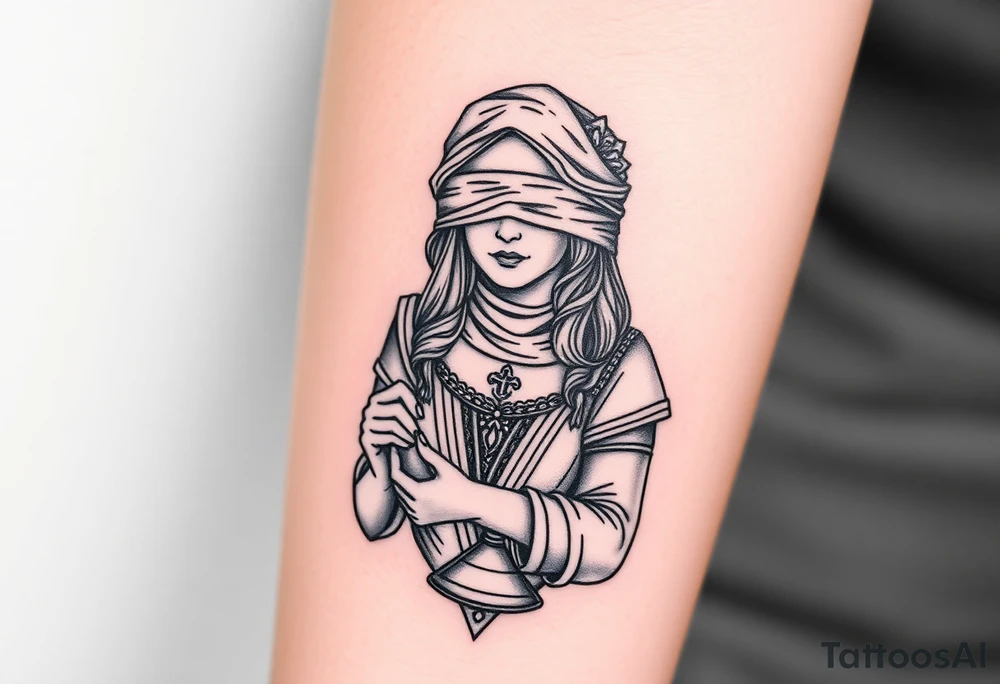 Fortuna's card as a beautiful woman with eyes covered with material, holds a scale in her hands tattoo idea