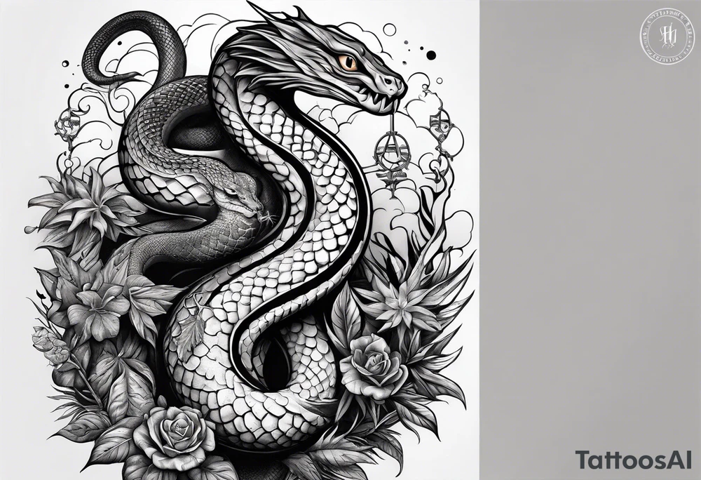 sleeve tattoo with a snake, gun, weed symbol that says HYDRA tattoo idea