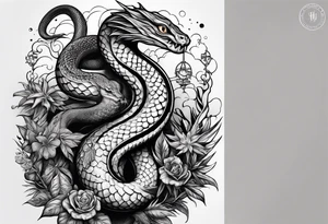 sleeve tattoo with a snake, gun, weed symbol that says HYDRA tattoo idea