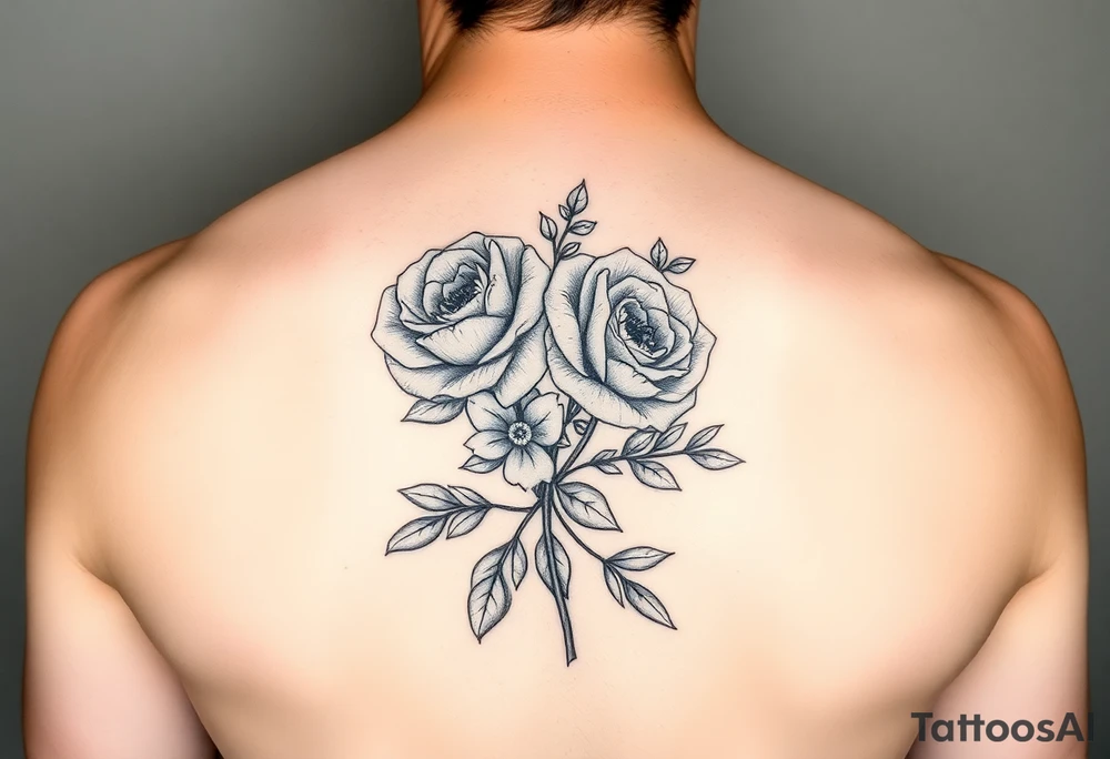 Traditional style black ink with 2 wild roses with forget me nots an olive branch and a lot of leaves for forearm tight together tattoo idea