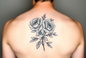 Traditional style black ink with 2 wild roses with forget me nots an olive branch and a lot of leaves for forearm tight together tattoo idea