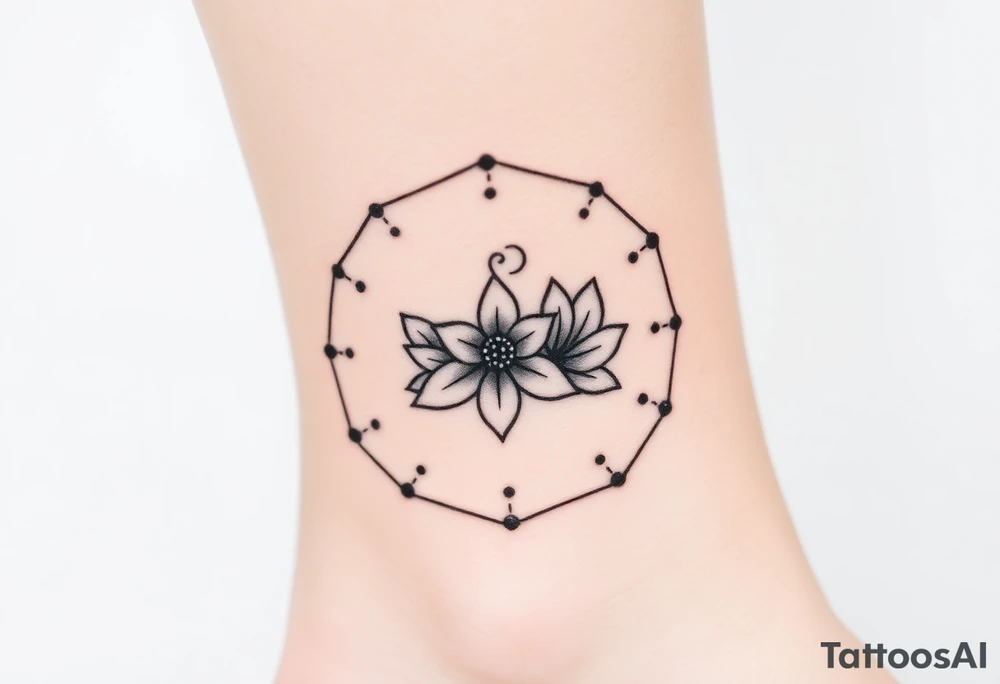 Hexagon with a Leo constellation, larkspur and water lilies in the center tattoo idea
