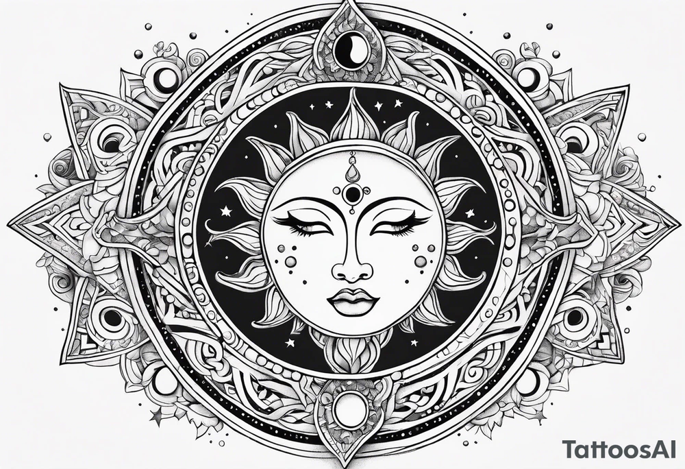 Feminine Sun and moon. long rectangular sternum swirls with dots and stars tattoo idea