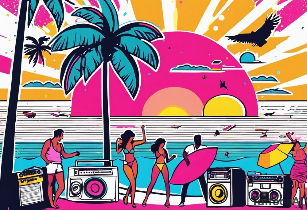 1980's miami vice style beach dance 
party, include confetti, music notes, boom box, bikinis sunset in the center tattoo idea