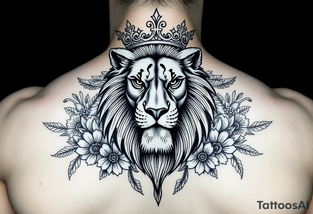 powerful majestic lion with a crown, surrounded by floral ornaments and birds tattoo idea