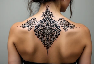 spine tattoo design with symmetrical ornamental patterns, combining dotwork, mandala elements, and flowing lines that follow the natural curves of the body. The design is intricate and balanced.” tattoo idea