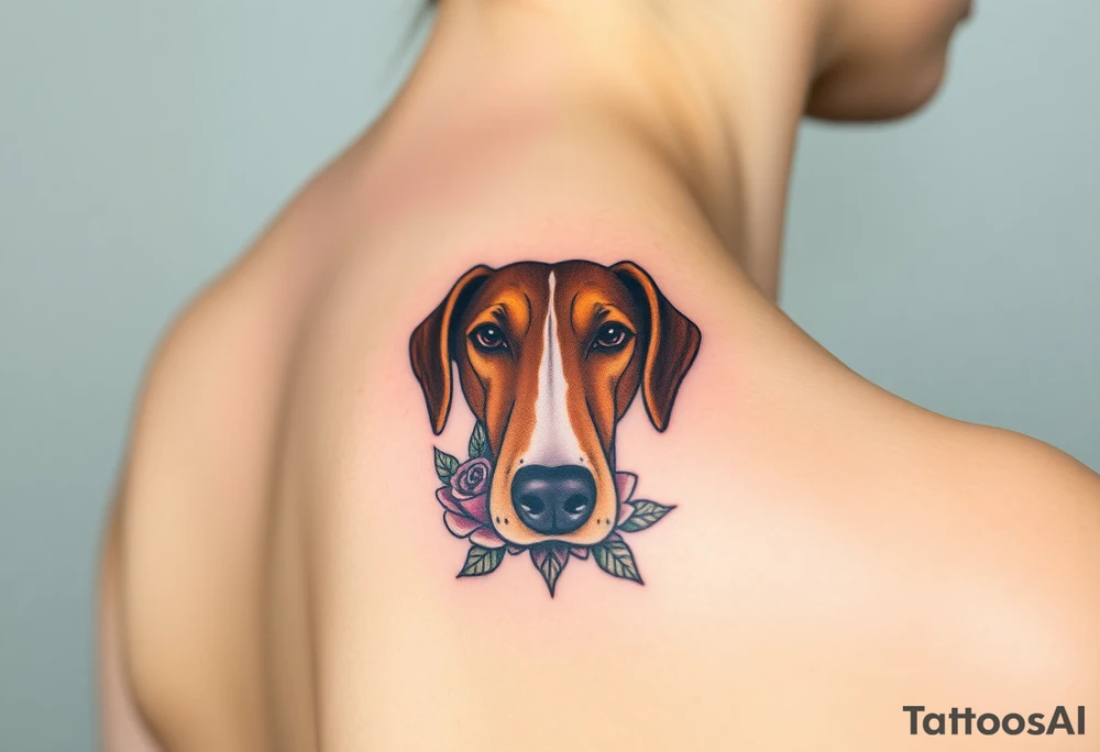 female  hound dog brown  Brindle with white strip going up snout   Slightly off center dog with the name kiwi . And a tiny rose around her . With her ears pointy a little big tattoo idea