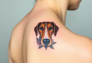 female  hound dog brown  Brindle with white strip going up snout   Slightly off center dog with the name kiwi . And a tiny rose around her . With her ears pointy a little big tattoo idea