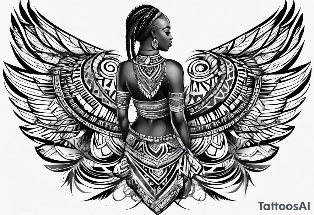 African tribal tattoo from left pec to left deltoid with wing on collarbone tattoo idea