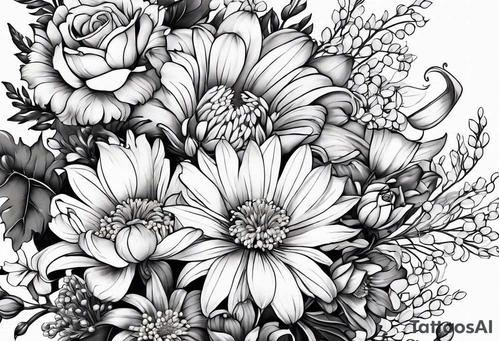 Asters, roses, lily of the valley, and chrysanthemums in a long line tattoo idea