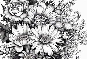 Asters, roses, lily of the valley, and chrysanthemums in a long line tattoo idea