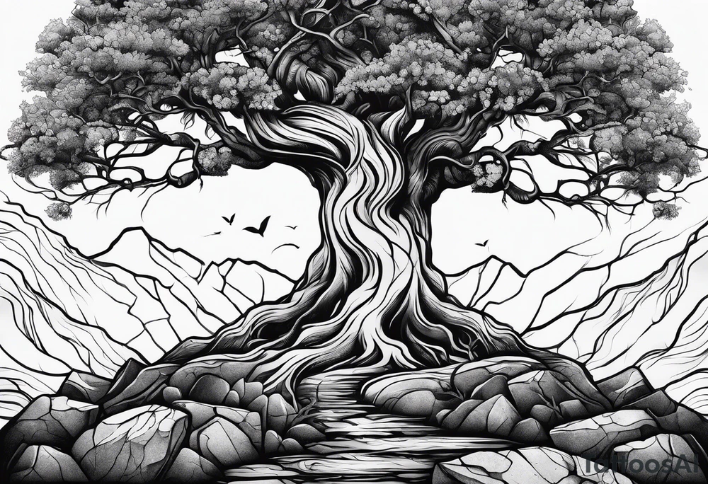 Tree growing out of stone with roots creating cracks tattoo idea