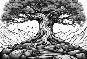 Tree growing out of stone with roots creating cracks tattoo idea