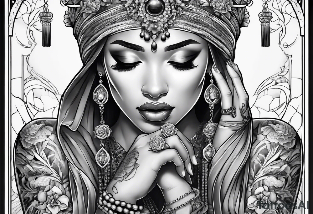 Praying woman with hands holding necklace tattoo idea