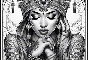 Praying woman with hands holding necklace tattoo idea