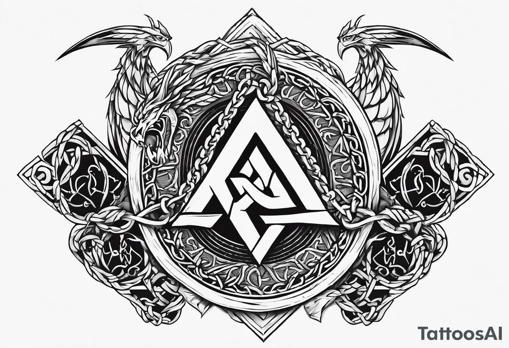 Valhalla sword shield dragon axe Valknut barbed wire chains tattoo idea