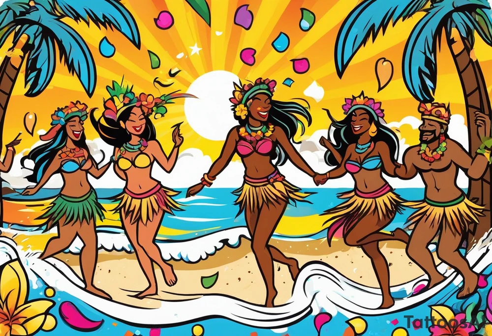 dancing tiki gods and hula girls on the left and right side of a beach party scene with confetti and music notes with a setting sun in the center of the image tattoo idea