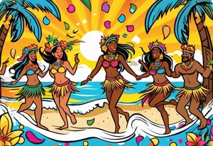 dancing tiki gods and hula girls on the left and right side of a beach party scene with confetti and music notes with a setting sun in the center of the image tattoo idea