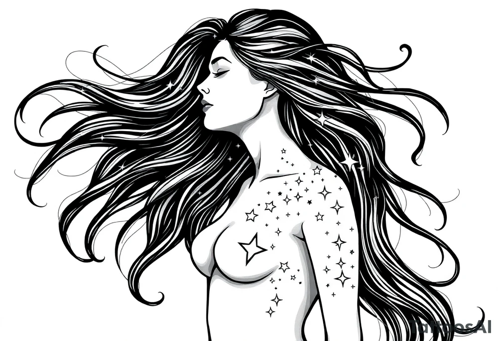 ethereal goddess body with flowing hair and beautiful celestial stars tattoo idea