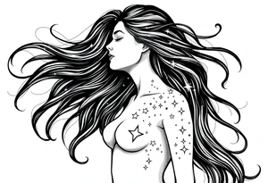 ethereal goddess body with flowing hair and beautiful celestial stars tattoo idea