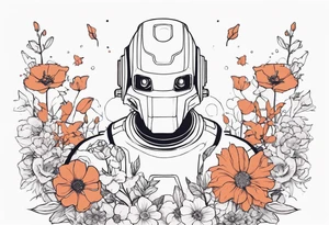 Ghost dressed like a robot, surrounded by flowers, tattoo idea