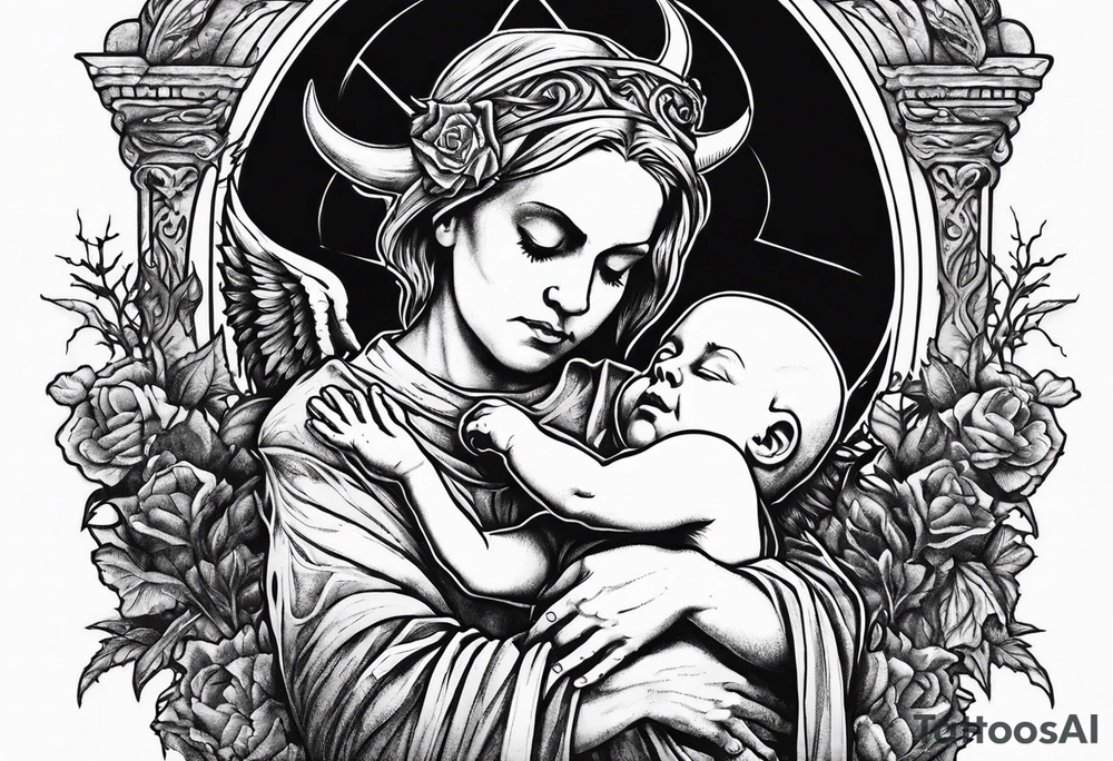 Satan holds a dead child in his arms, against the background of a grave with a pentagram tattoo idea