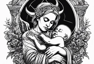 Satan holds a dead child in his arms, against the background of a grave with a pentagram tattoo idea