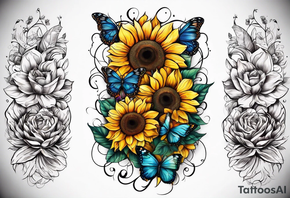 Arm sleeve with sunflowers and butterflies tattoo idea