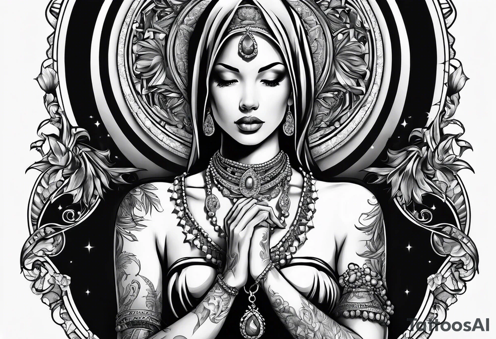 Praying Christian woman with hands holding necklace tattoo idea