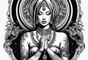 Praying Christian woman with hands holding necklace tattoo idea