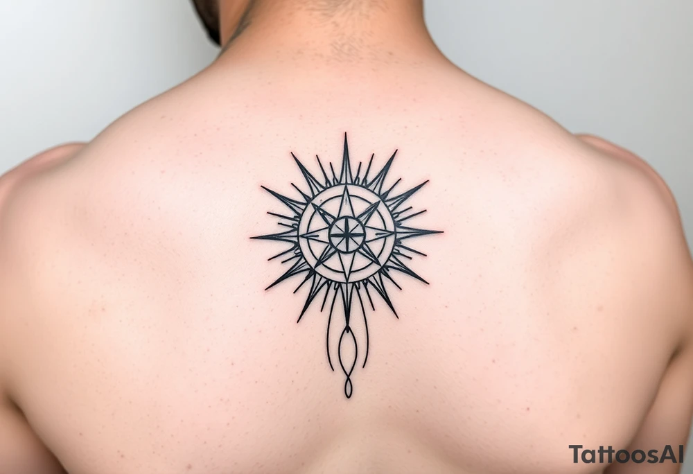 minimal line design for inner forearm. Add a sun with rays that is also a compass with a bit of abstract lines coming down and circling around tattoo idea