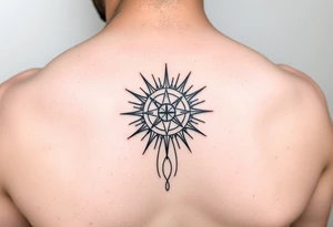 minimal line design for inner forearm. Add a sun with rays that is also a compass with a bit of abstract lines coming down and circling around tattoo idea