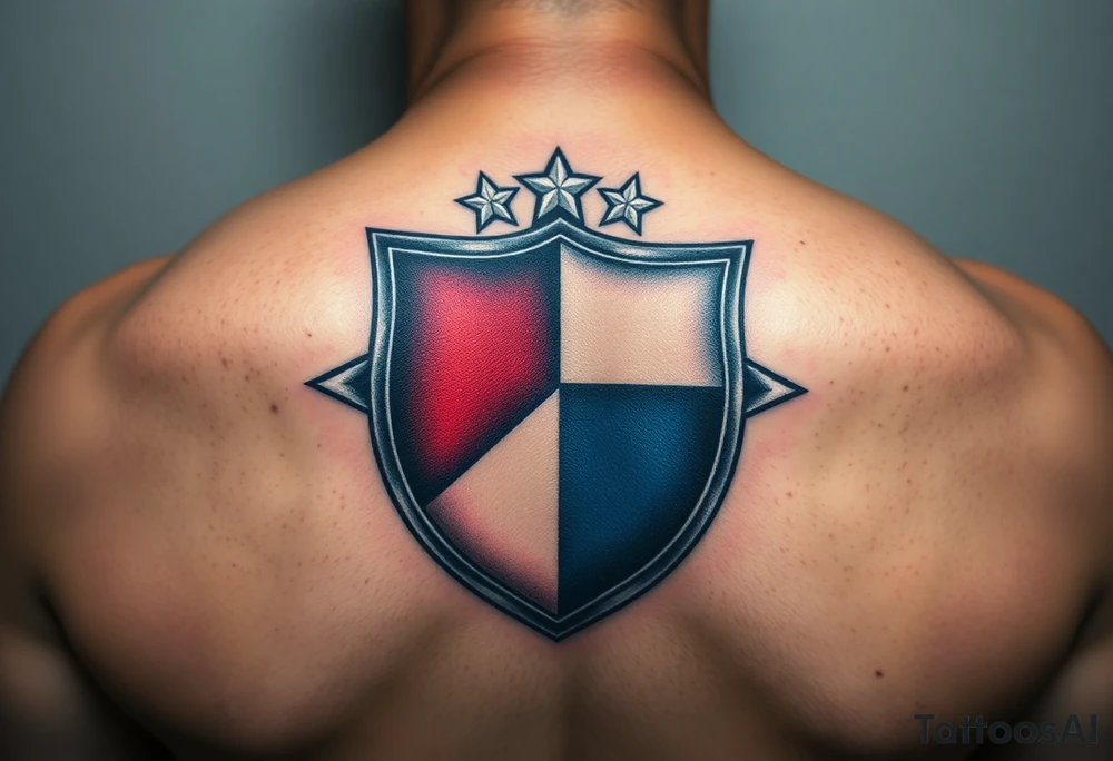 A Czech flag inside a shield emblem, with metallic textures enhancing its strength and durability tattoo idea