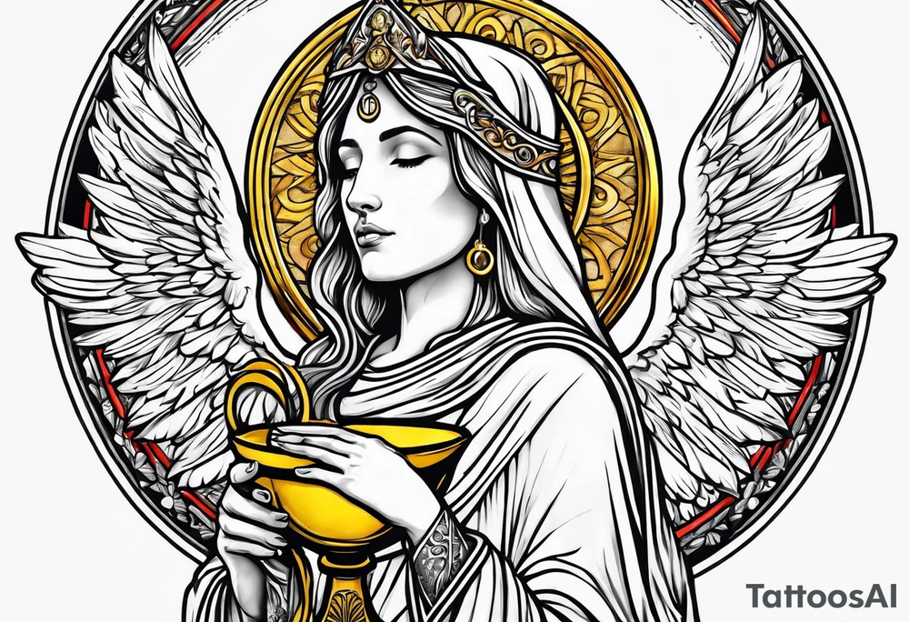holy saint woman turned away with golden halo holding a chalice tattoo idea