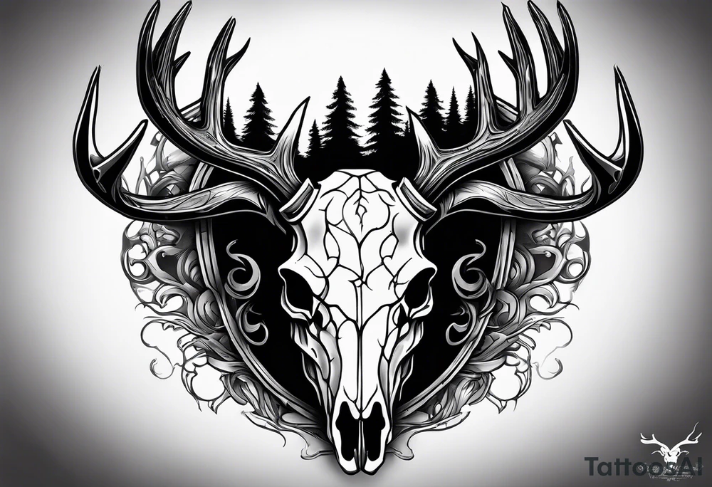 A side view of a frightening horror DECAYING deer skull JUST BONE surrounded by a forest fire in background tattoo idea A side view of a frightening horror DECAYING deer skull JUST BONE surrounded by a forest fire in background tattoo idea