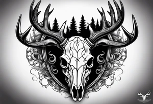A side view of a frightening horror DECAYING deer skull JUST BONE surrounded by a forest fire in background tattoo idea